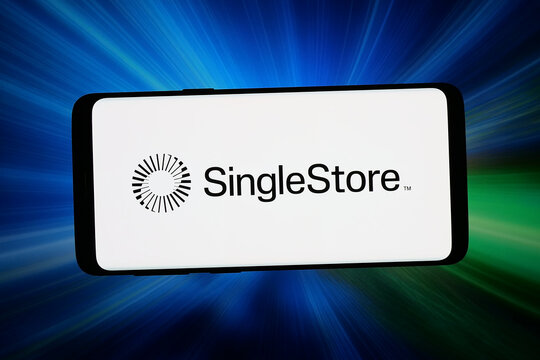 Stuttgart, Germany - 06-05-2026: In this photo illustration, the logo of database management system SingleStore is displayed on a smartphone in front of abstract background on computer screen.