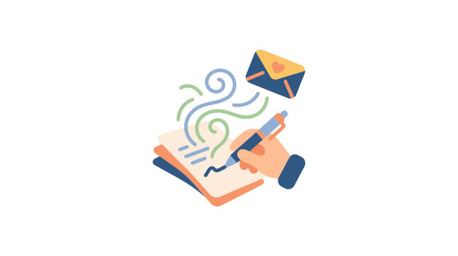 Creative letter writing with envelope and hand holding pencil illustration
