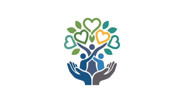 Human Hands Holding Tree with Colorful Heart-Shaped Leaves