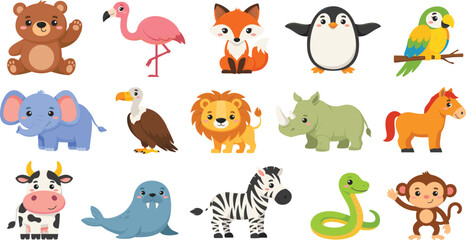 Cute Cartoon Zoo and Safari Animals Vector Set with Waving Bear, Flamingo, Fox, Penguin, Parrot, Elephant, Vulture, Lion, Rhino, Horse, Cow, Walrus, Zebra, Snake, and Monkey © Ismail