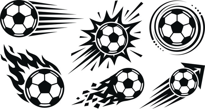 Black soccer ball icons in dynamic motion