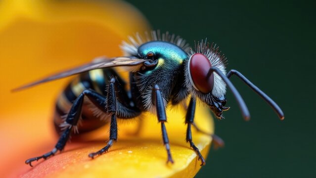 A close-up shot of a bee collecting nectar from a colorful flower