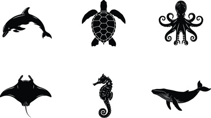 Marine animal icon set featuring dolphin sea turtle octopus ray seahorse and whale silhouettes seahorse silhouette wildlife collection creature illustration isolated underwater swimming © MstAsmaAkter