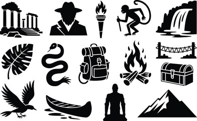 Jungle adventure and exploration icon set with ancient ruins explorer torch monkey waterfall snake backpack fire chest bridge raven canoe mountain adventure exploration explorer waterfall © MstAsmaAkter