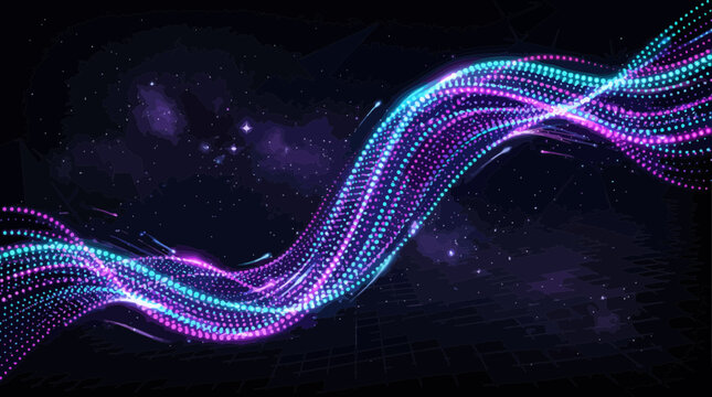 Vibrant neon wave flows through a starry night sky with purple and blue dots.