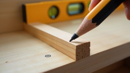 Obraz premium A person measures a piece of wood with a pencil, useful for various DIY projects and woodworking tasks