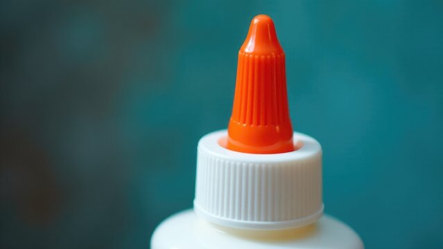 A close-up view of a standard size glue bottle with a label and cap