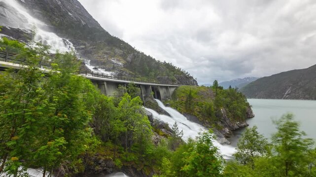 Time lapse of the beautiful Langfossen waterfall in Norway