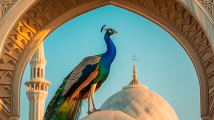 Fototapeta premium Traditional Mughal garden arch, peacock palace illustration frame for wedding invitation 