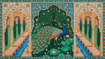 Fototapeta premium Traditional Mughal garden arch, peacock palace illustration frame for wedding invitation 