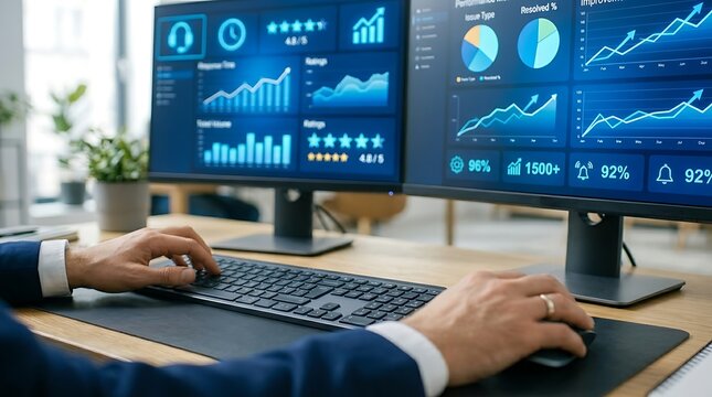 Corporate worker reviewing customer support performance metrics on dual monitor setup.