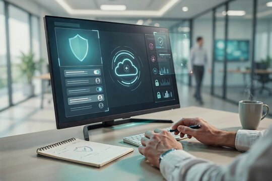 Cyber security specialist managing cloud data protection and privacy settings on computer.