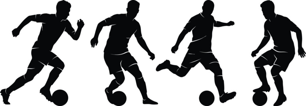 Four black silhouette soccer players kicking ball