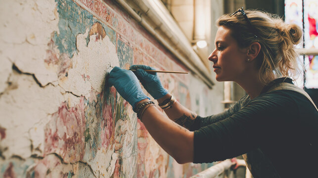 Female art restorer cleaning ancient mural in cathedral
