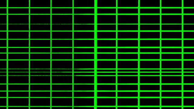 Static shot of green grid pattern scrolling and flickering across black digital monitor with horizontal shift in studio electronic interface