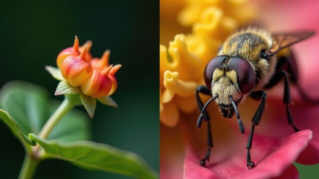 A detailed view of a busy bee collecting nectar from a colorful flower