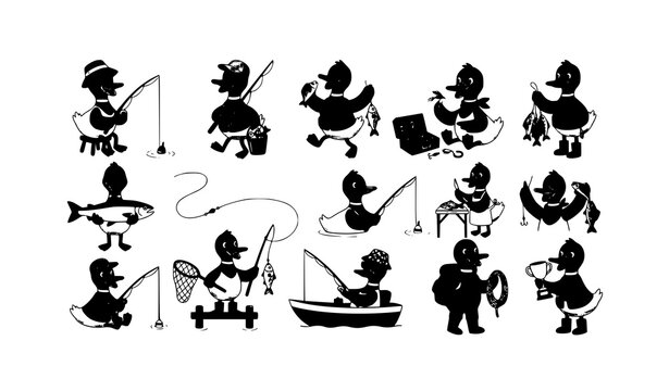 Fishing Duck Mascot Vector Collection with Outdoor Angler Bird Characters and Fresh Fish Catches