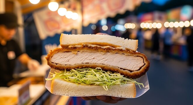 Delicious katsu sandwich served at outdoor food stall with crispy cutlet and fresh cabbage