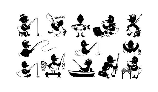 Cute Cartoon Fishing Duck Character Vector Set with Fish Catching Waterfowl and Angler Poses
