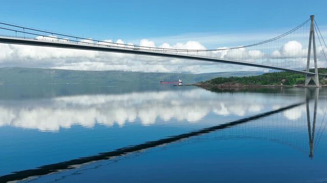 Aerial shot of the Halogaland Suspension Bridge near the town of Narvik in Northern Norway.