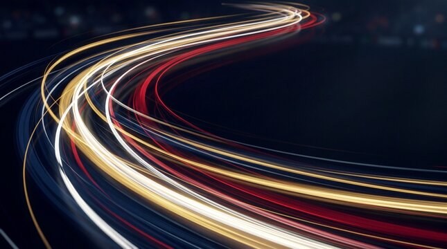 Abstract long exposure light trails of night traffic on a curved highway road