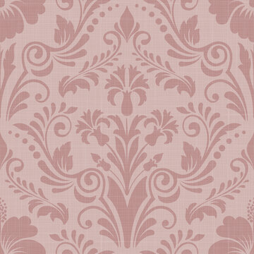 Dusty Pink Floral Damask Seamless Pattern with Soft Linen Texture