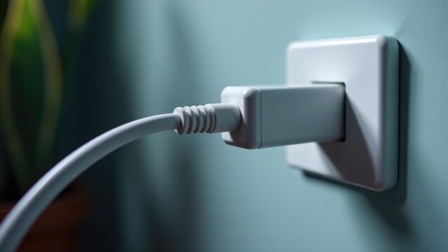 A standard white electrical plug inserted into a wall outlet