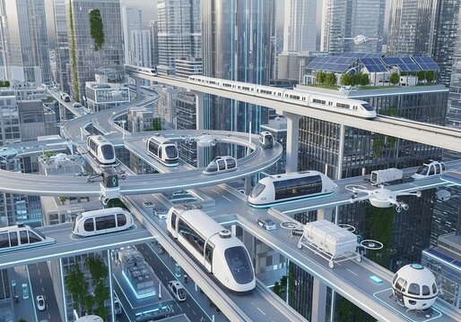 Futuristic city with multilevel transportation system, autonomous pods, and flying drones in a hightech urban environment with sustainable architecture