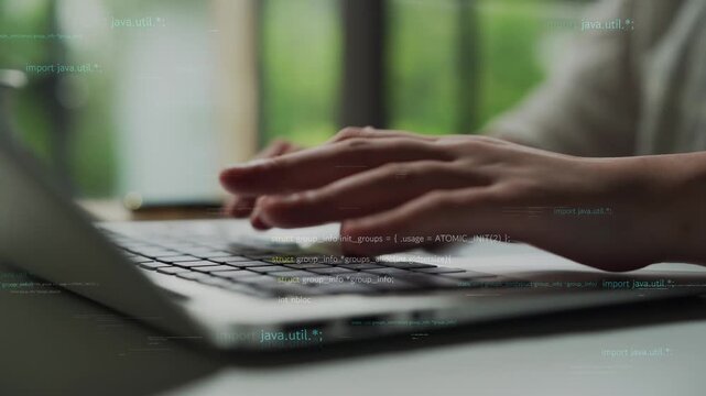 Focused hands typing on a laptop keyboard with fragments of programming code in the background, representing technology, coding practices, and digital creativity. Xenic