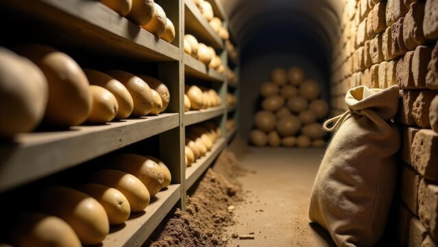 A bag of potatoes stored on a shelf