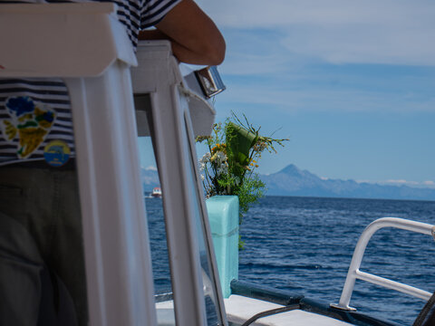 Water taxi boat cruising on the Adriatic sea between Brela and Bol in Croatia