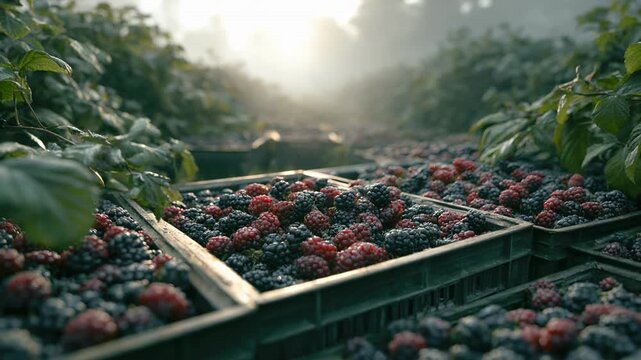 Crates of ripe blackberries piled in rows within misty berry field at early morning light and soft sunlight