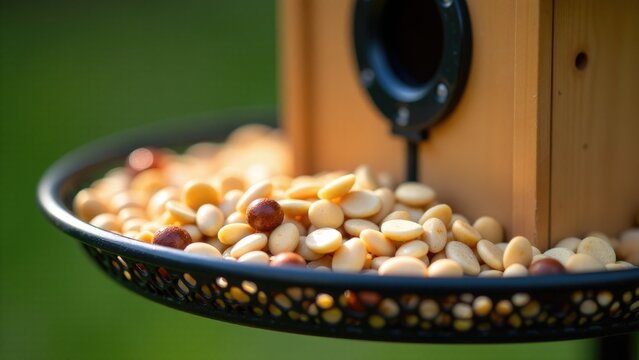 A  feeder filled with peanuts, suitable for outdoor use