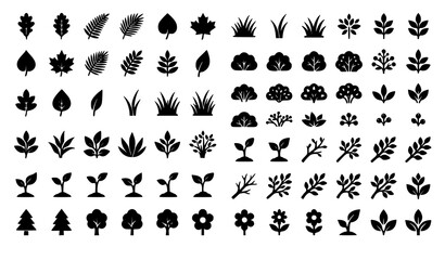 Black vegetation icon set with leaves grass and plant vector symbols © Md