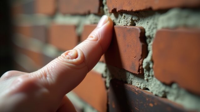 A person's finger points at a brick wall, highlighting or emphasizing something