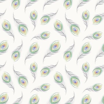 Seamless pattern with watercolor peacock feathers. Hand-drawn seamless pattern featuring delicate watercolor peacock feathers on a light background. 