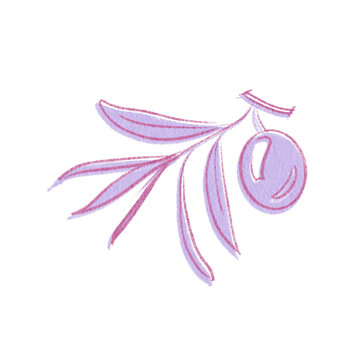 Minimalist hand-drawn illustration of an olive branch with a single olive in shades of purple. Soft crayon texture, artistic and modern botanical element isolated on a white background.