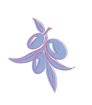 Stylized hand-drawn illustration of an olive branch with fruit in blue tones. Artistic sketch with a pencil/crayon texture, isolated on white background. Perfect for logos, branding, or menus.