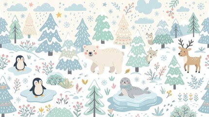 Fototapeta premium Polar bear, penguins, seal, deer, and foxes are in a snowy forest landscape during winter