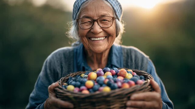 Elderly woman smiling and holding basket of mixed berries in garden during golden hour sunset