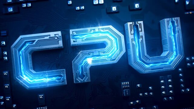 Dynamic light animation on circuit board with cpu logo in glowing neon blue effect