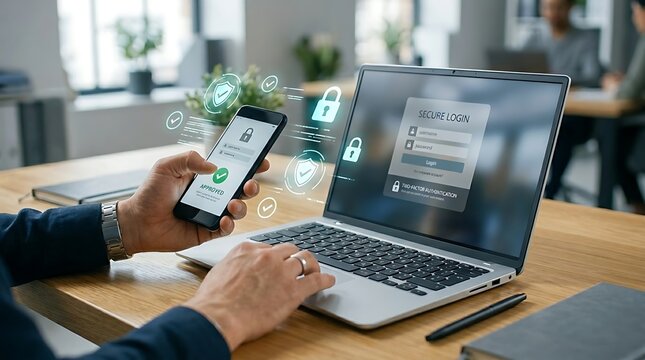 Secure login process with two factor authentication on smartphone and laptop workspace view.