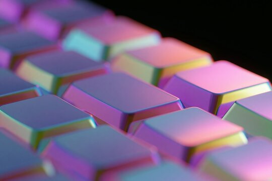 Close up of compact mechanical keyboard with colorful backlit keys displaying vibrant hues and reflections, set against a dark background for dramatic effect