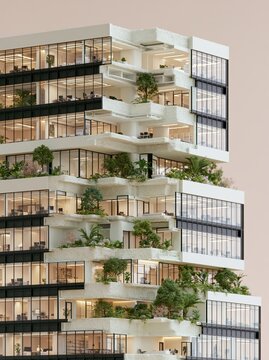 Detailed close-up of a modern miniature office building showcasing multiple levels with greenery, glass windows, and contemporary architectural design elements