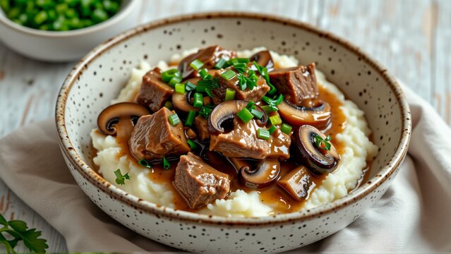 bowl food white wooden table bowl white black speckles has brown rim inside bowl serving mashed potatoes chunks meat mushrooms top meat appears beef beef tenderloin mushrooms sliced arranged circular