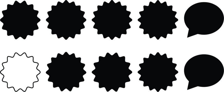 Set of black starburst stickers and speech bubbles
