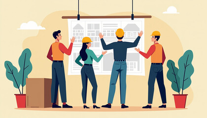 Fototapeta premium Construction Crew Collaboratively Analyzing Detailed Blueprints on Site, Inspiring Engagement and Teamwork in a Dynamic Workspace