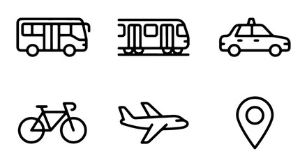 Fototapeta premium Modern Transportation Icons Set: Bus, Train, Taxi, Bicycle, Airplane, Location Pin, Urban Mobility Graphics, Public Transit Symbols, Travel Vector Elements