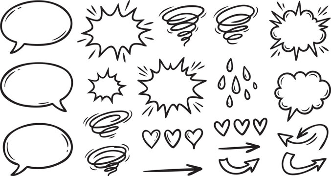 Hand drawn collection of comic book style speech bubbles and decorative elements rendered as a clean black and white vector