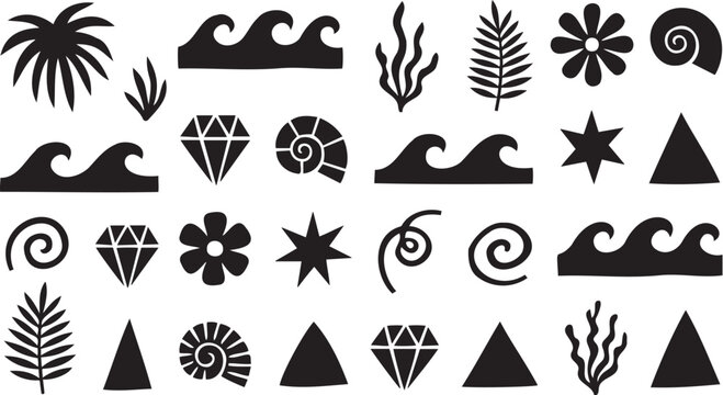 Black vector graphic illustration set featuring various natural shapes like waves diamonds tropical leaves flowers stars and triangles for design